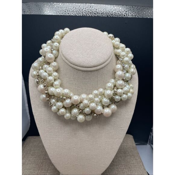 Stacked Pearl Choker Necklace With Rhinestones - Picture 1 of 7